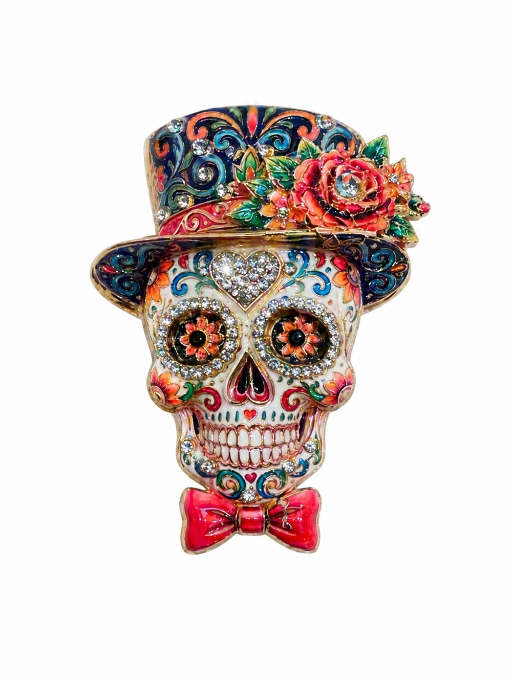 Colorful Sugar Skull Brooch – Rhinestone Floral Top Hat Day of the Dead Pin